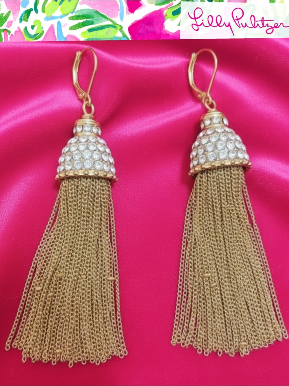 Lilly Pulitzer Earrings Gold Chain Tassel Crystal Earrings Pierced